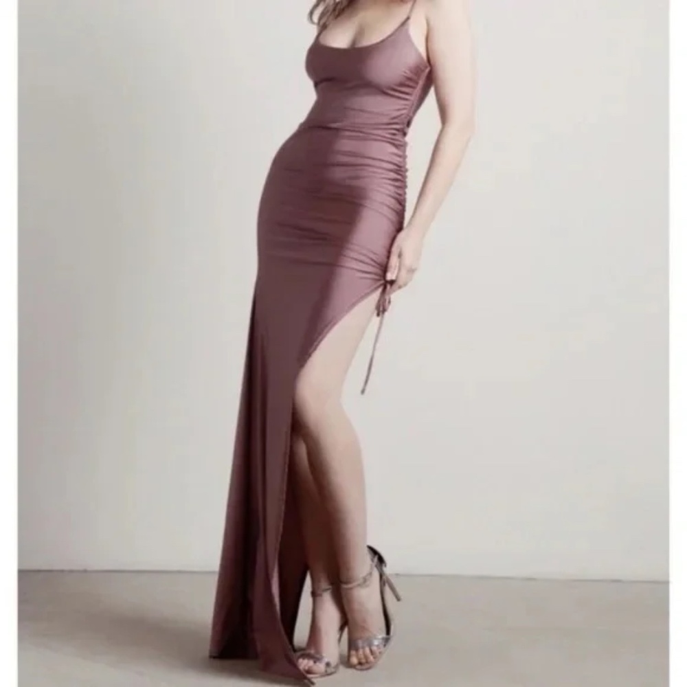 Tobi WHAT A NIGHT HIGH SLIT RUCHED BODYCON MAXI DRESS IN MAUVE Size L